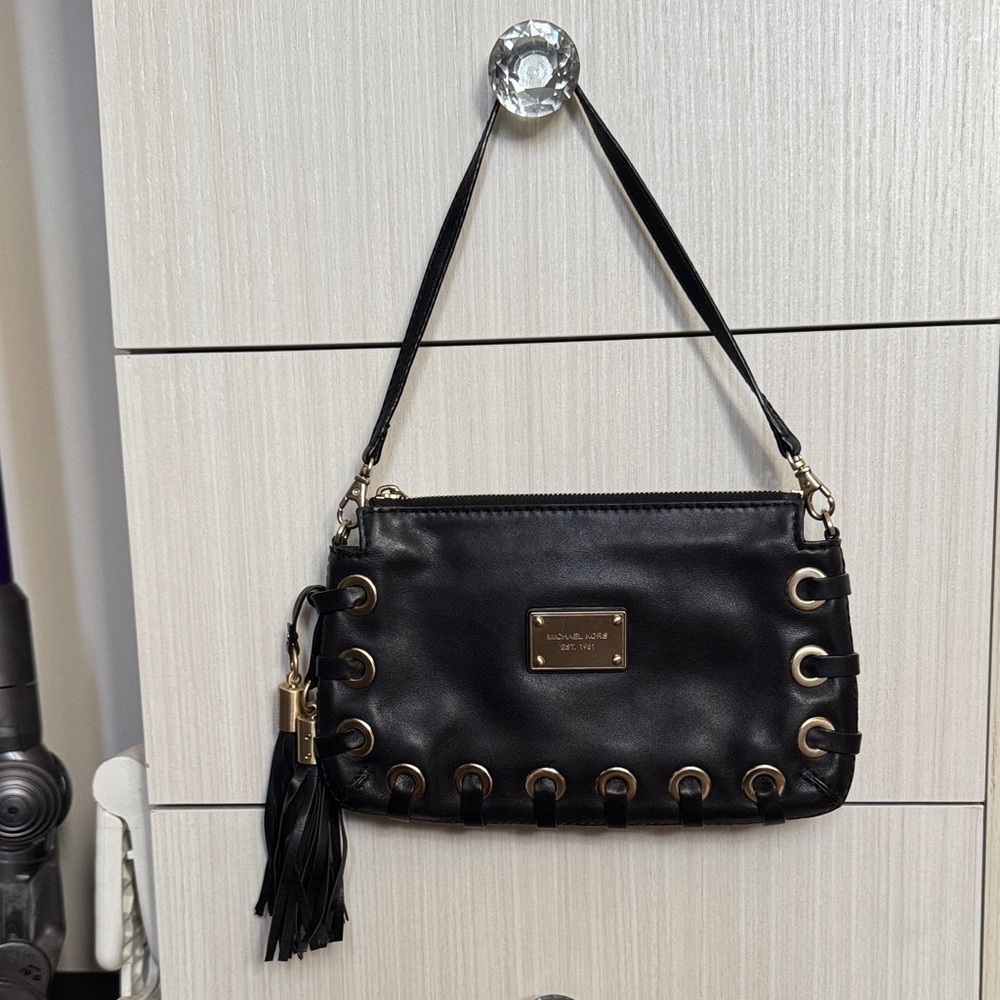 Michael Kors Black Leather Wristlet with Gold Accents